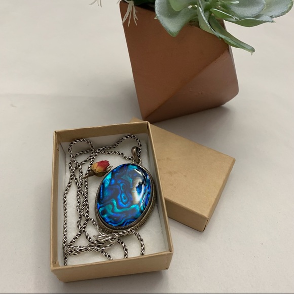Druzy Agate turquoise blue mother of pearl gemstone pendant +chain 925 sterling - Picture 5 of 10